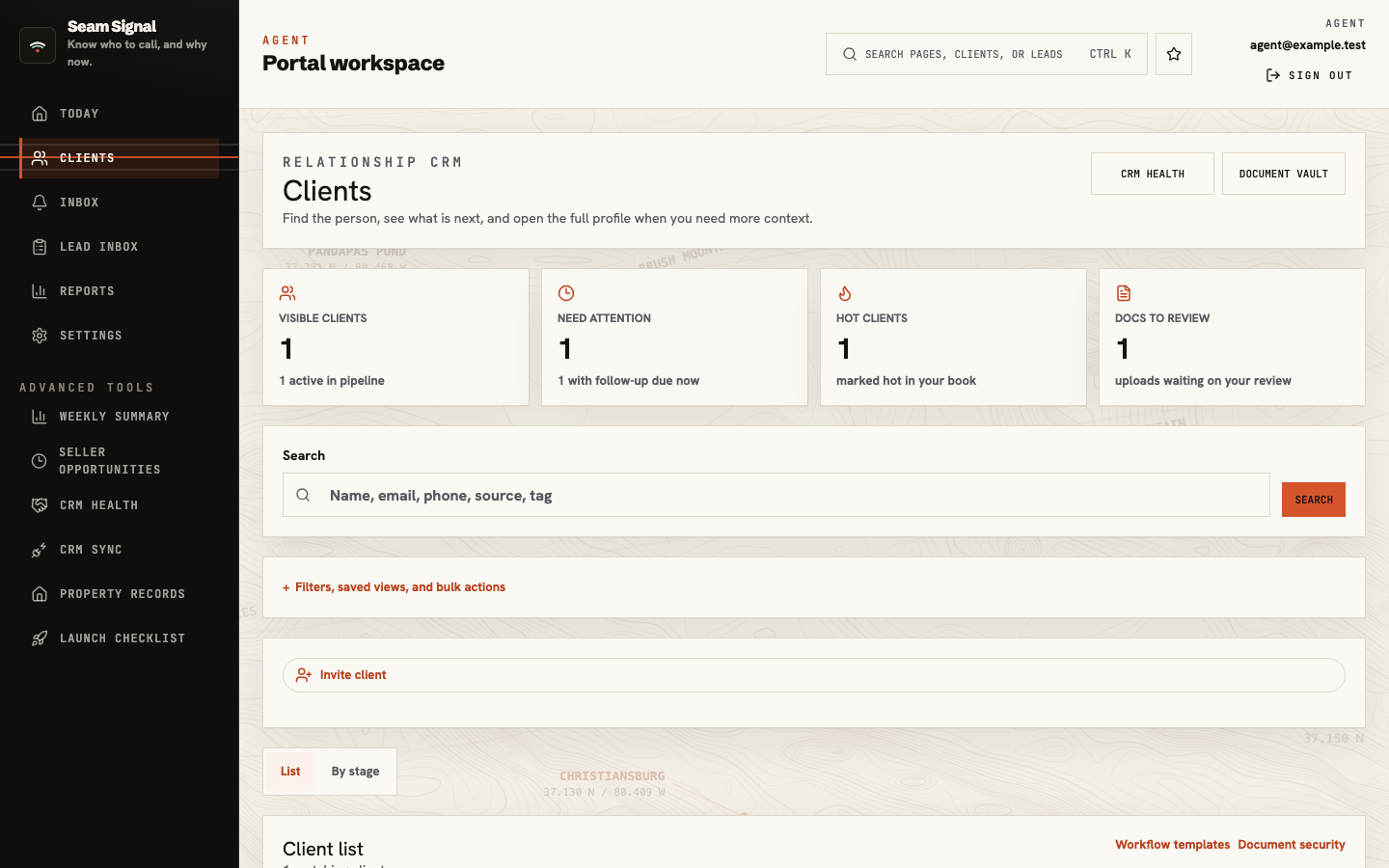 Clients page showing search, attention counts, an invite control, and the client list