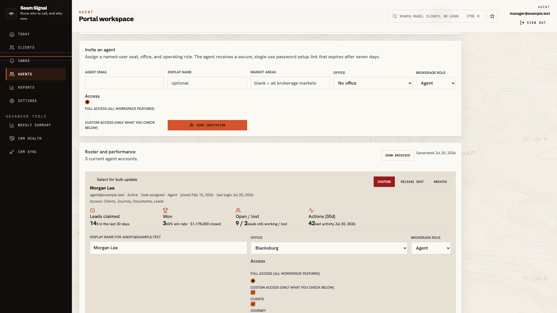 Invite an agent form showing work email, display name, market, office, brokerage role, and access choices