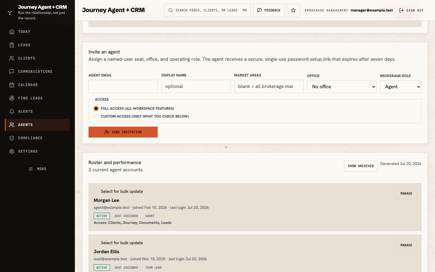 Invite an agent form showing work email, display name, market, office, brokerage role, and access choices
