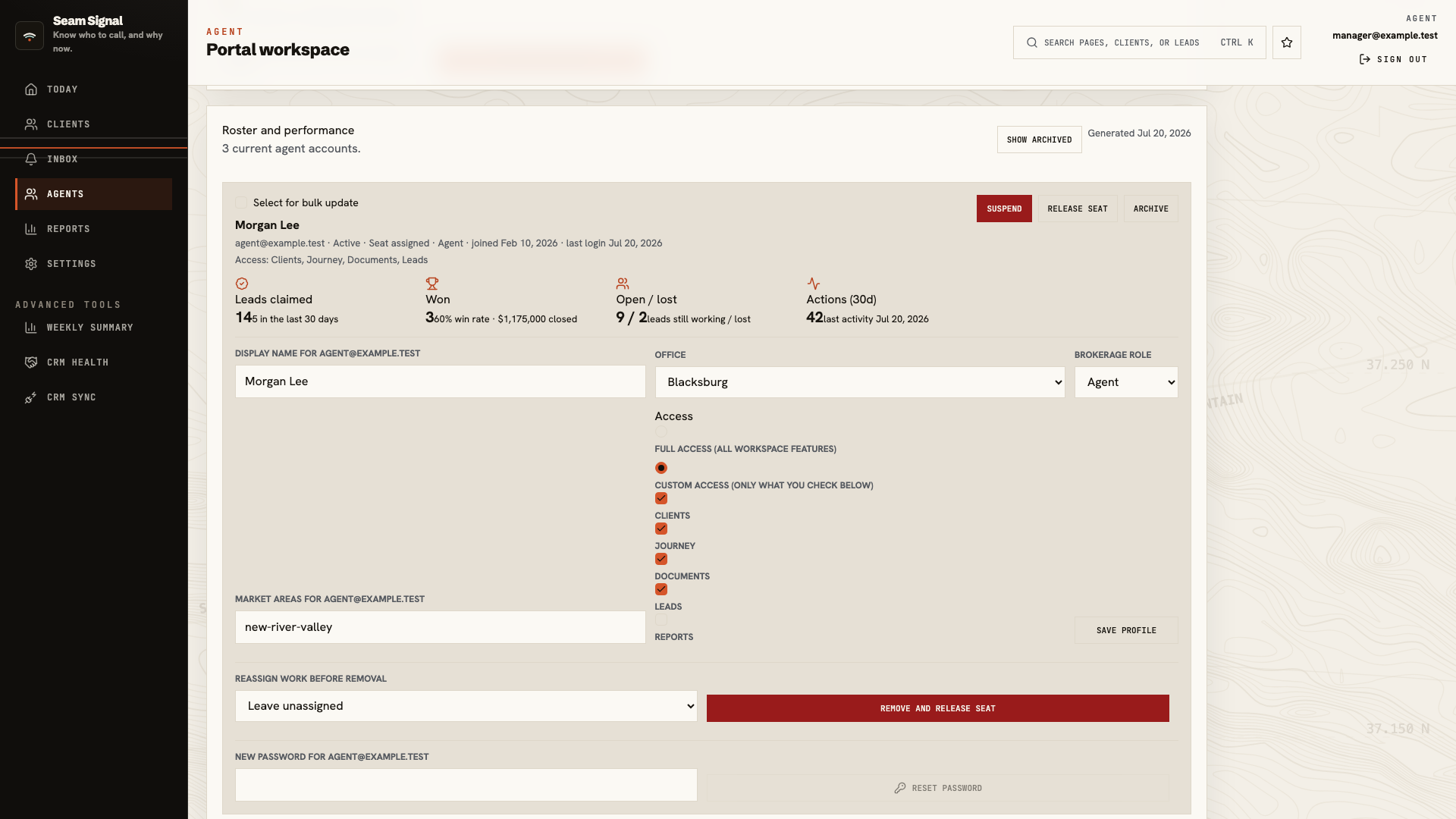 Brokerage roster profile showing office, brokerage role, custom feature access, market areas, and save controls