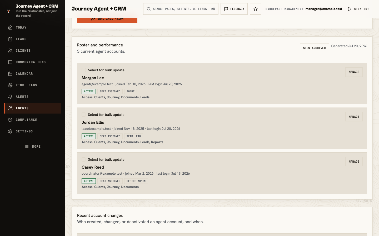 Brokerage roster profile showing office, brokerage role, custom feature access, market areas, and save controls