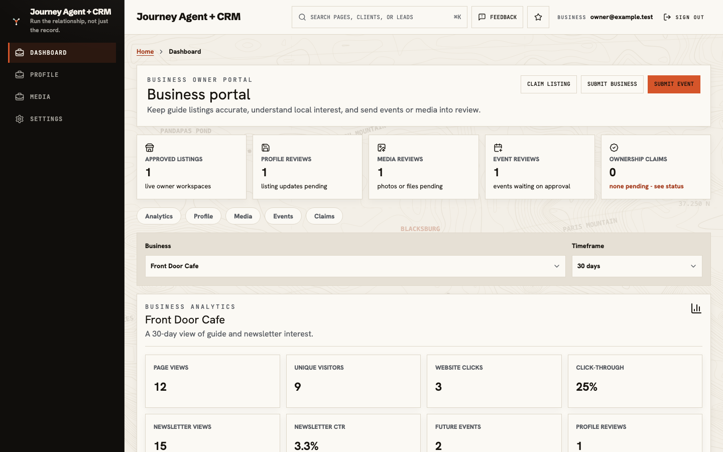 Business portal dashboard showing approved listings, profile, media, and event reviews, ownership claims, the Business and Timeframe pickers, and 30-day analytics for a cafe