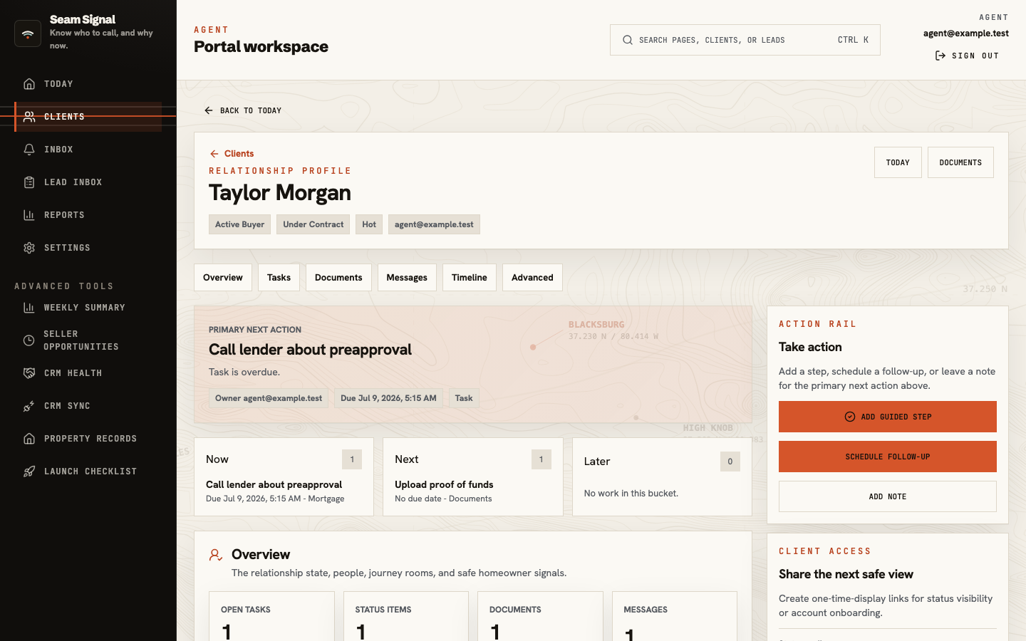 Client record showing the primary next action, task buckets, client access, and record tabs