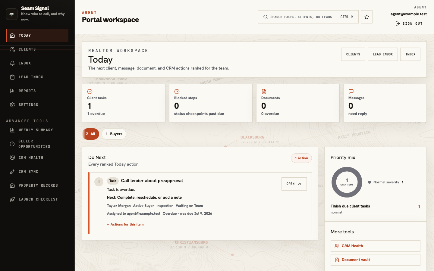Seam CRM Today workspace showing the next client action and team work queue