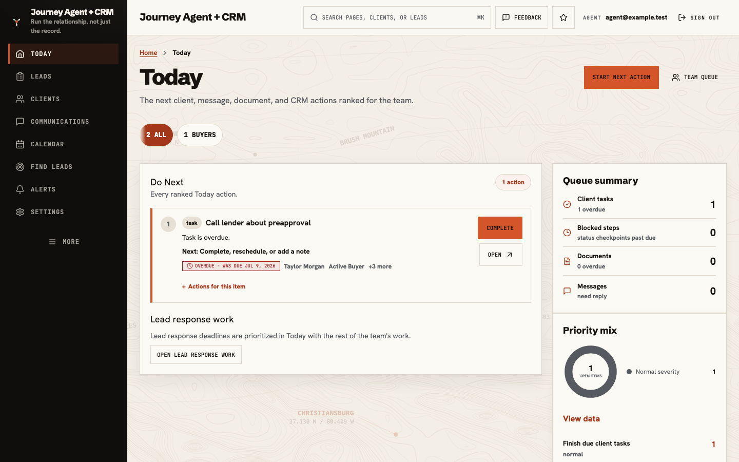 Journey Agent + CRM Today workspace showing the next client action and team work queue