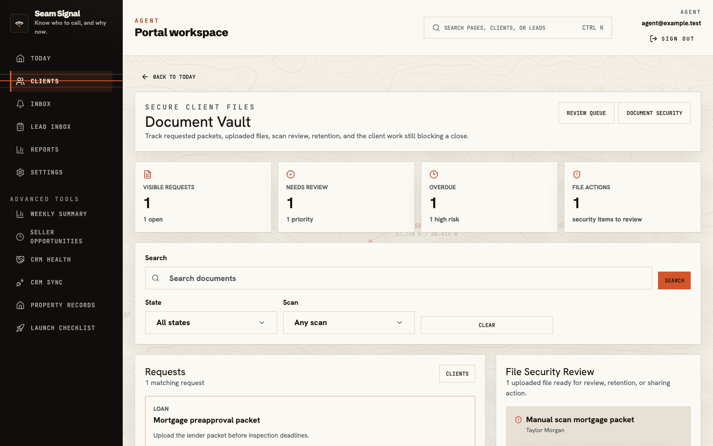 Document Vault showing visible requests, files needing review, overdue work, and file security review