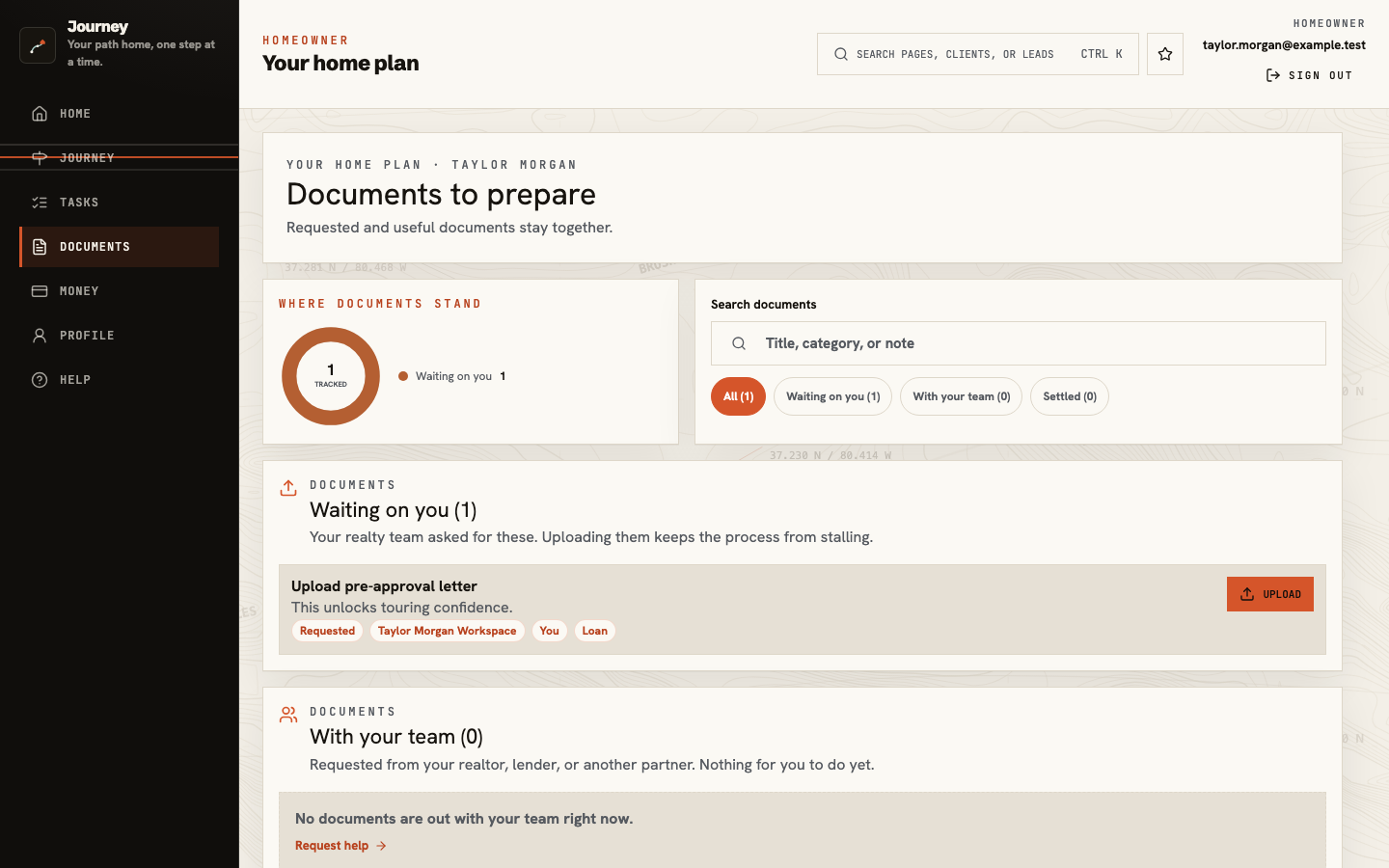 Journey Documents showing one pre-approval request waiting on the client and its Upload action