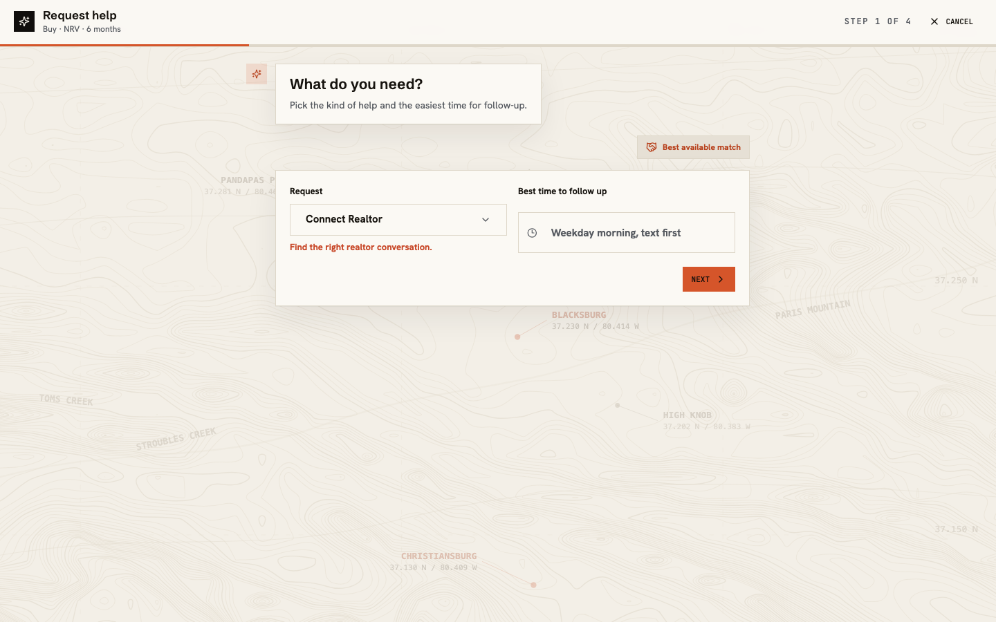 Request help setup showing the request type and the client's preferred follow-up time
