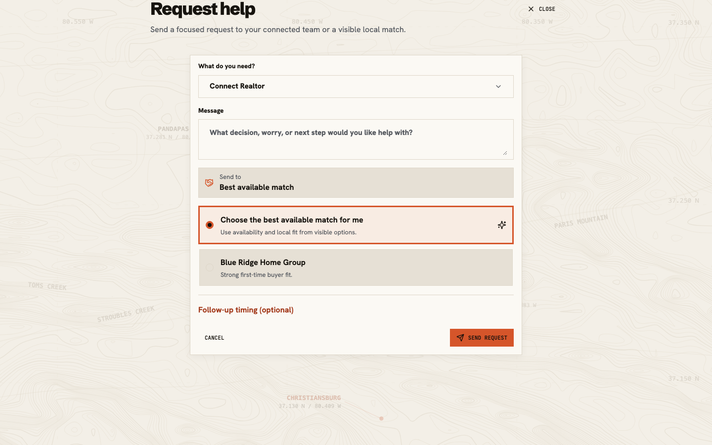 Request help setup showing the request type and the client's preferred follow-up time