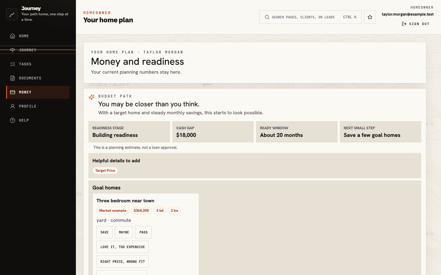 Money and readiness showing the planning stage, a stated cash gap, estimated window, and a saved goal home