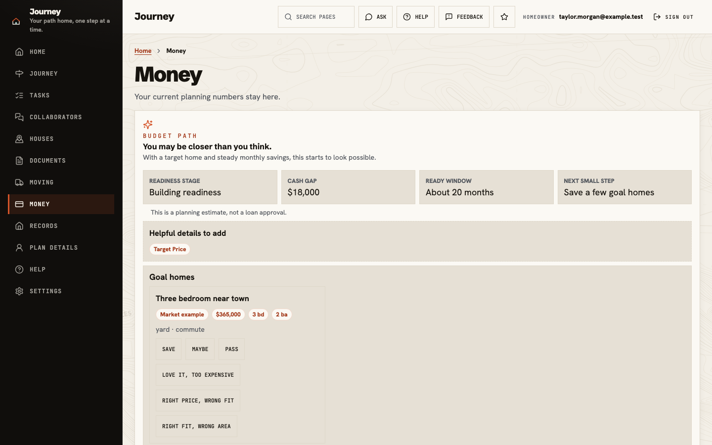 Money and readiness showing the planning stage, a stated cash gap, estimated window, and a saved goal home