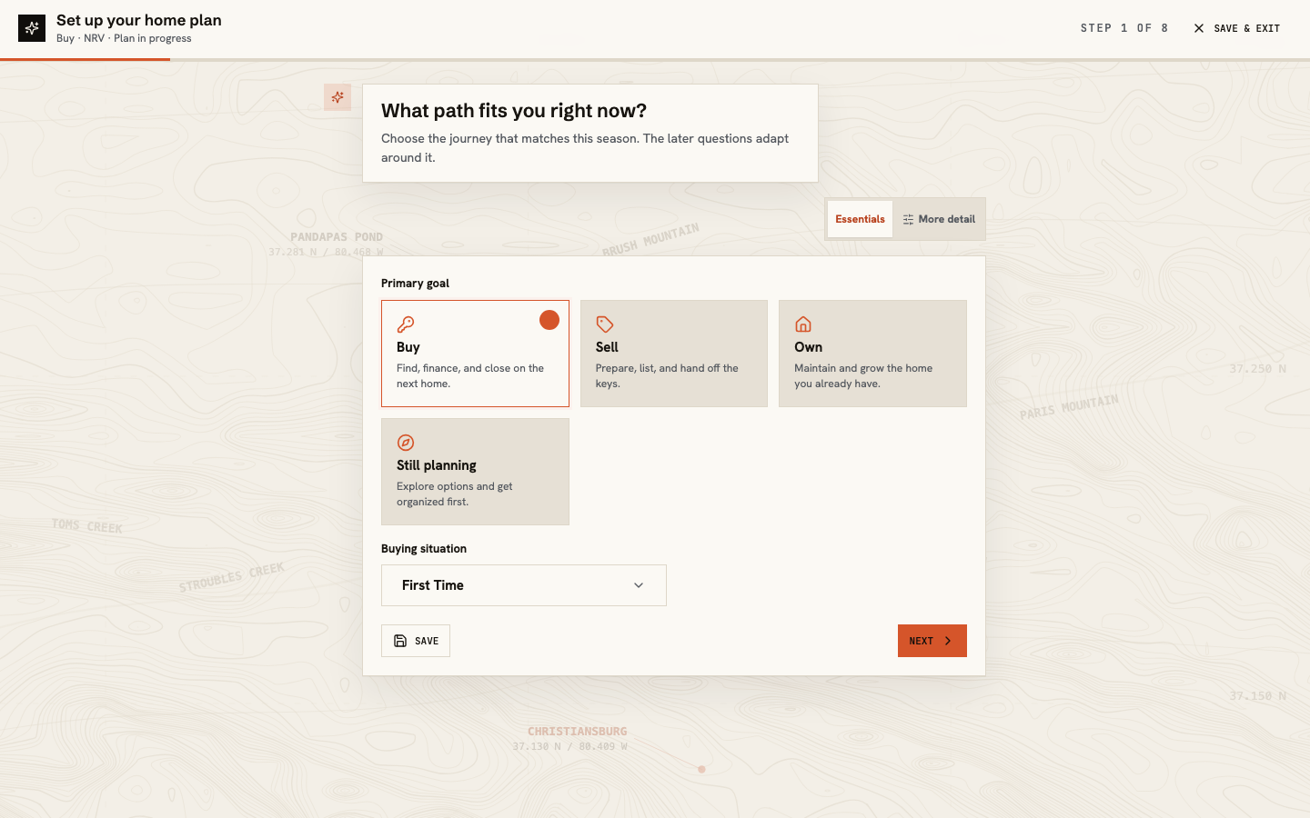 Journey setup asking whether the client is buying, selling, owning, or still planning