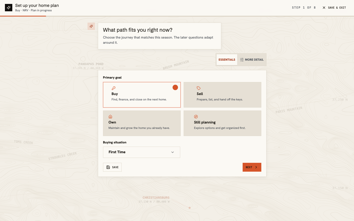 Journey setup asking whether the client is buying, selling, owning, or still planning