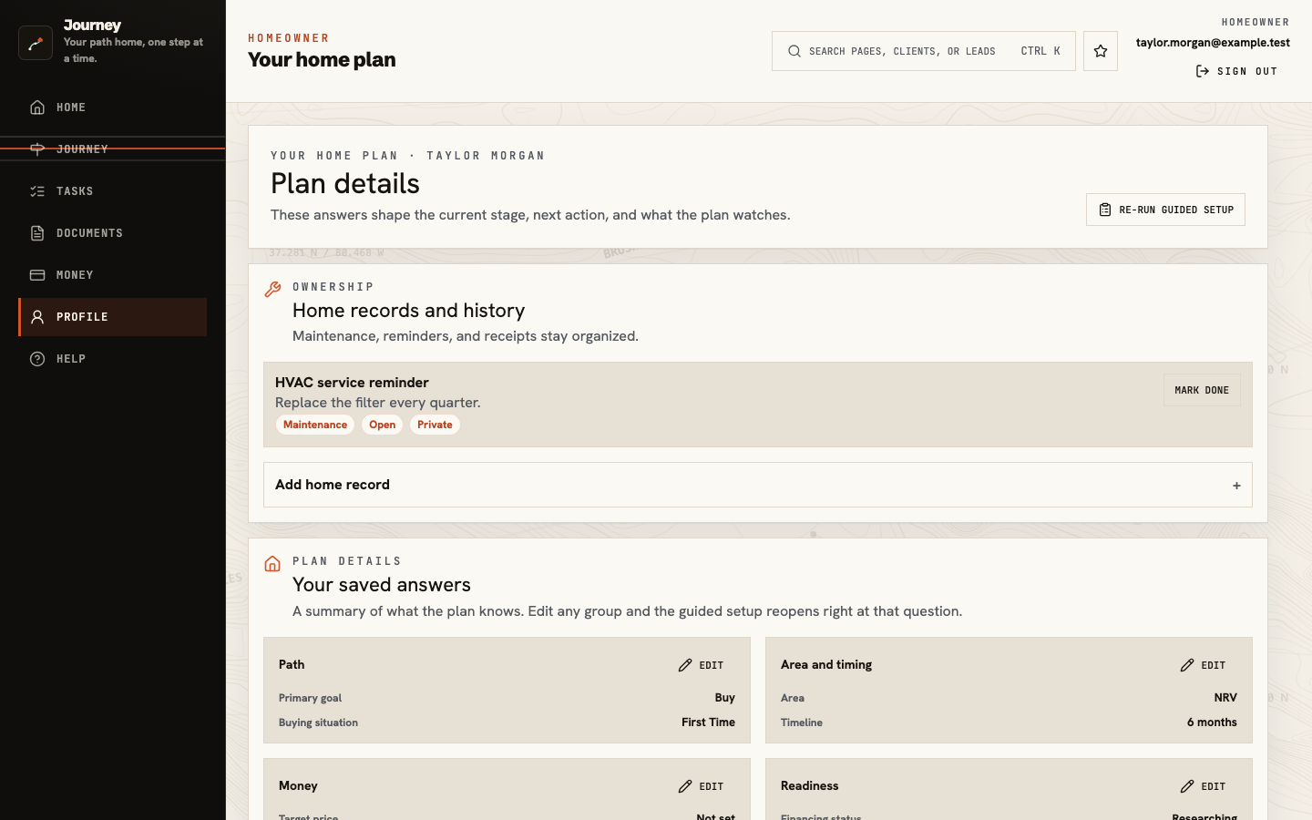 Plan details showing saved path, area, timing, readiness, and a private home maintenance reminder
