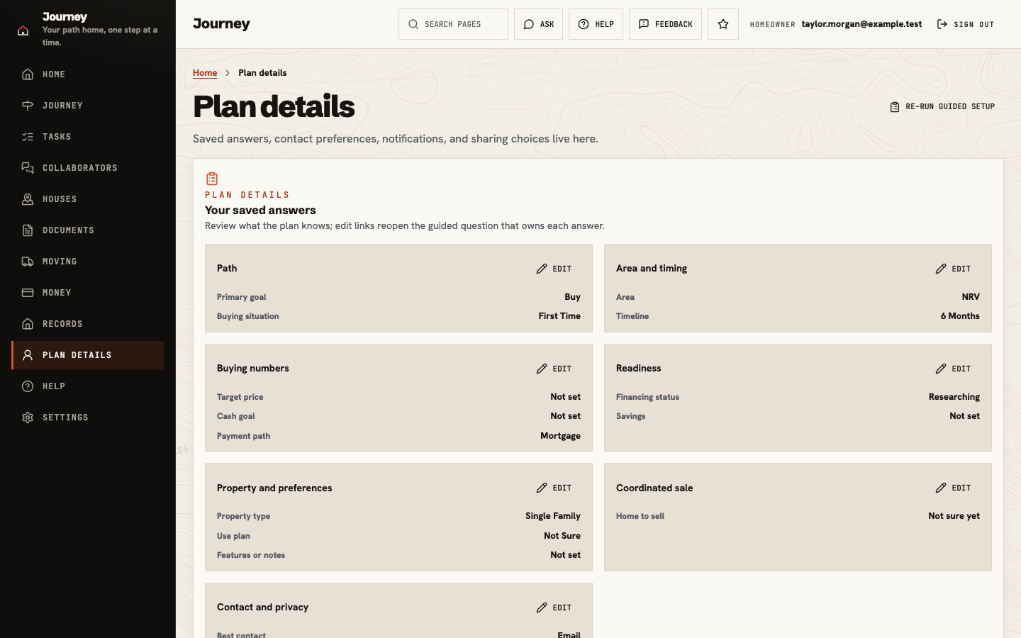 Plan details showing saved path, area, timing, readiness, and a private home maintenance reminder