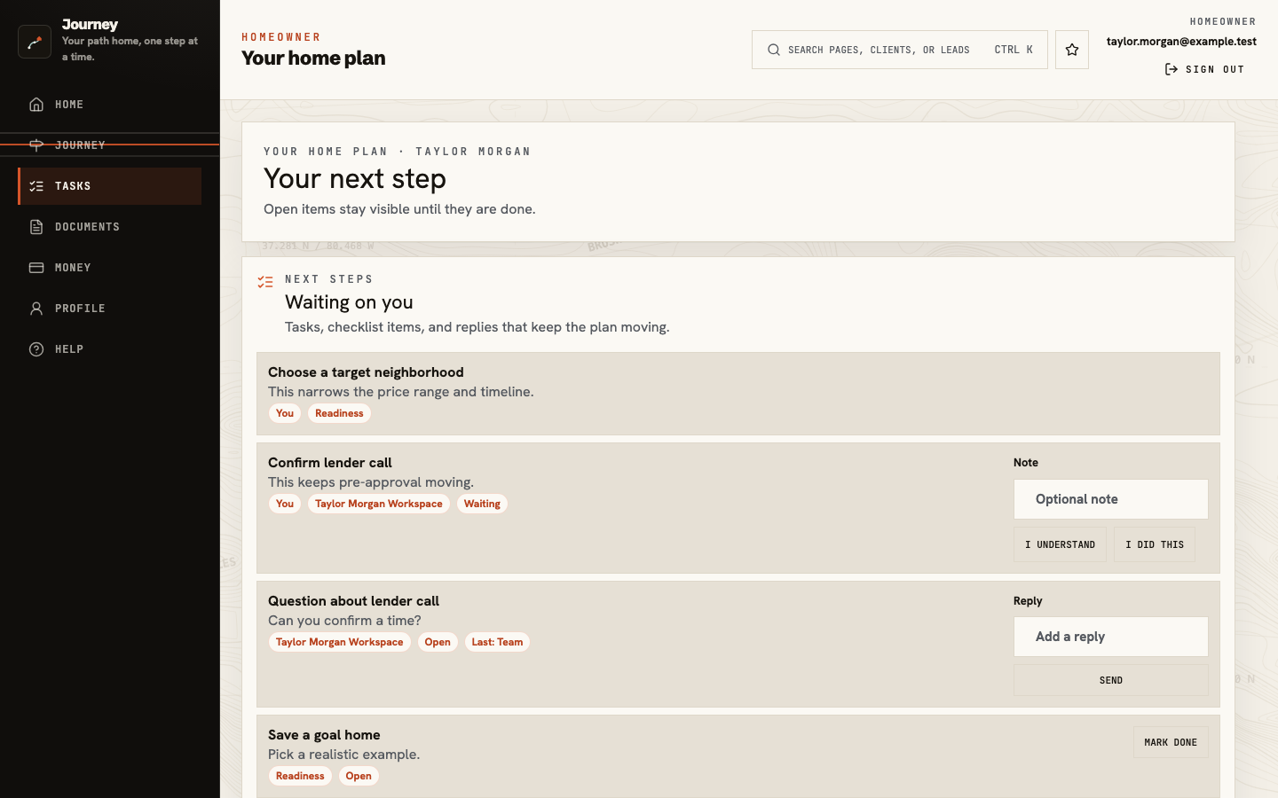 Journey Tasks showing items waiting on the client, a team question, and clear completion actions
