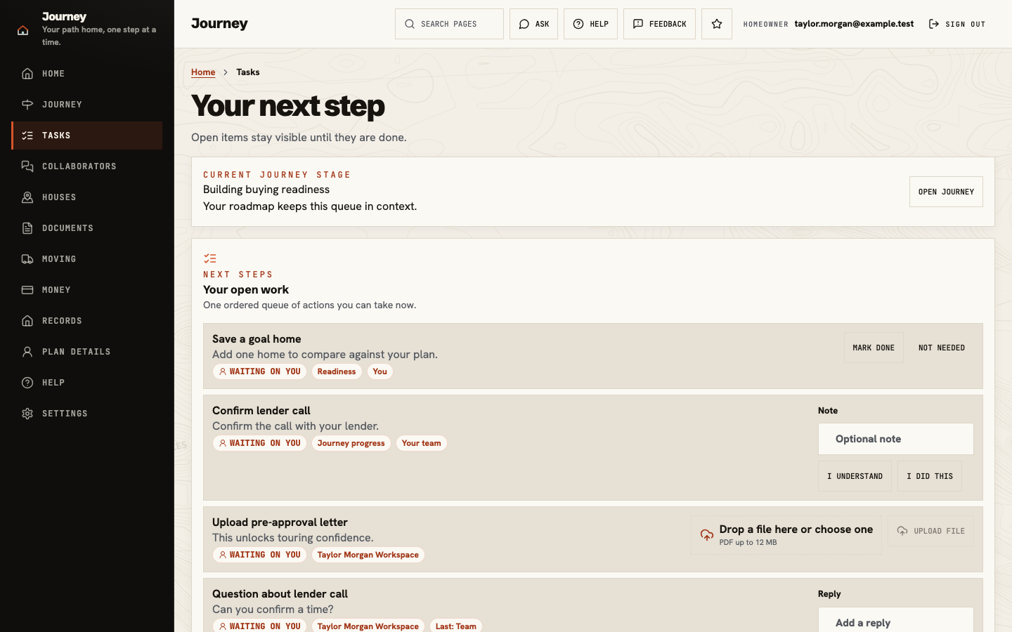 Journey Tasks showing items waiting on the client, a team question, and clear completion actions