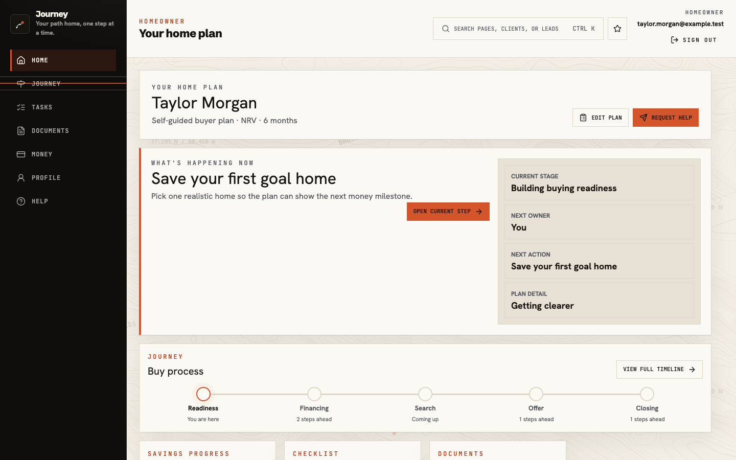 Journey homeowner plan showing the current next step and buying timeline