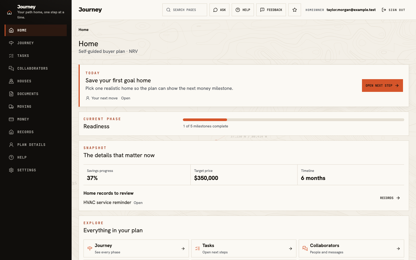 Journey homeowner plan showing the current next step and buying timeline