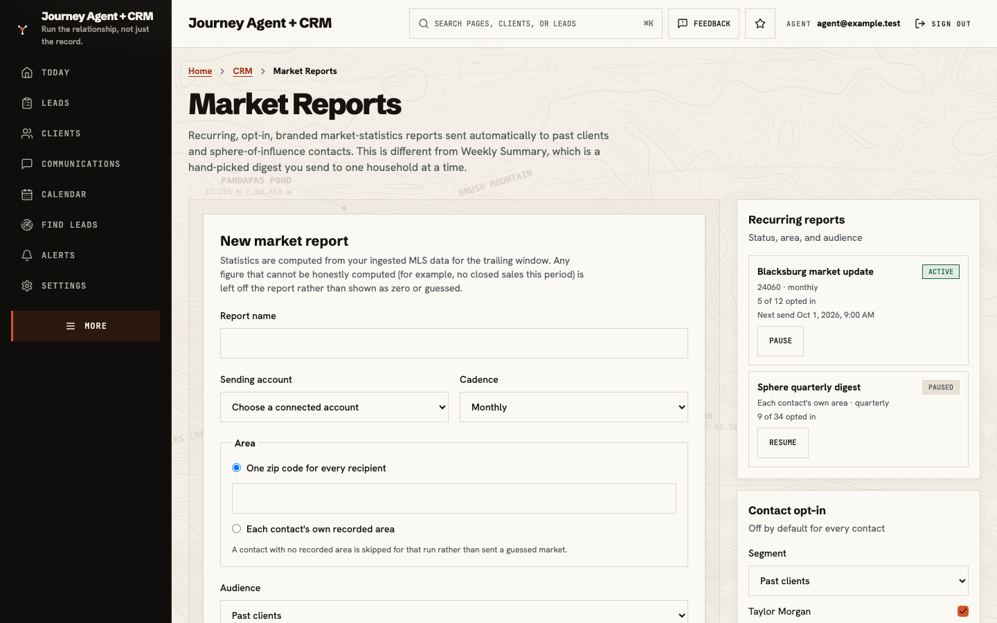 Market Reports workspace showing the new-report form, recurring report status, and contact opt-in segment