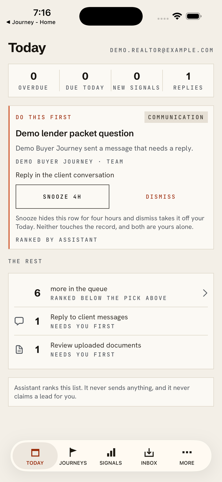 Journey - Agent app showing the Today queue on a phone