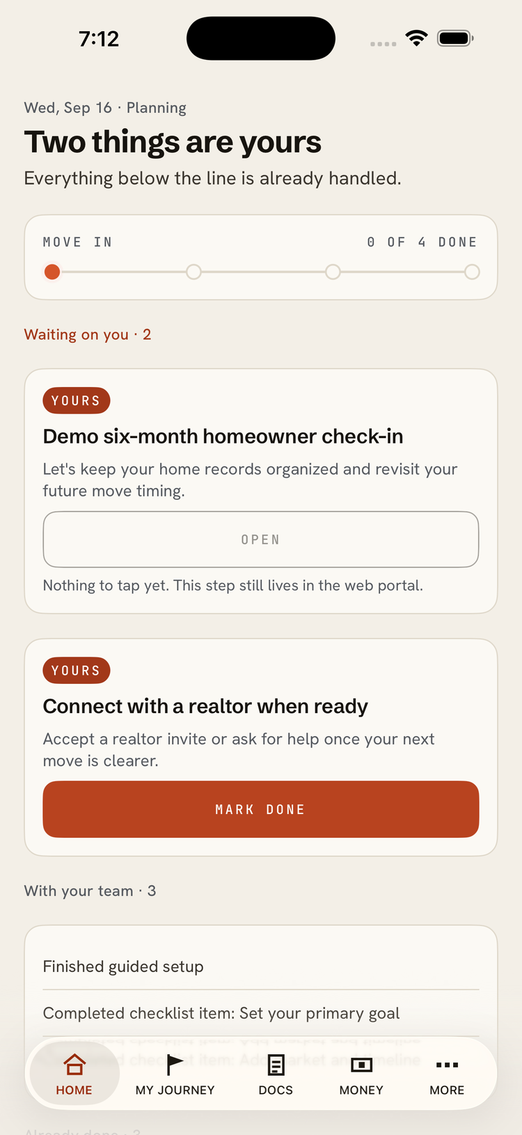 Journey - Home app showing the client's plan on a phone