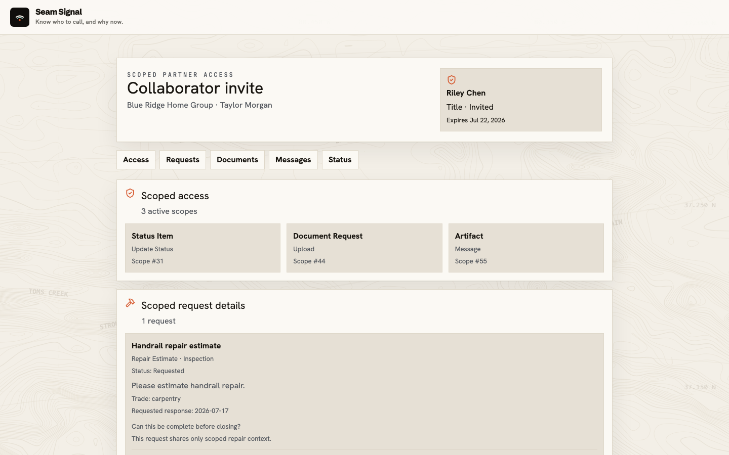 Partner invitation showing the client, invited person, role, expiration, and limited access summary