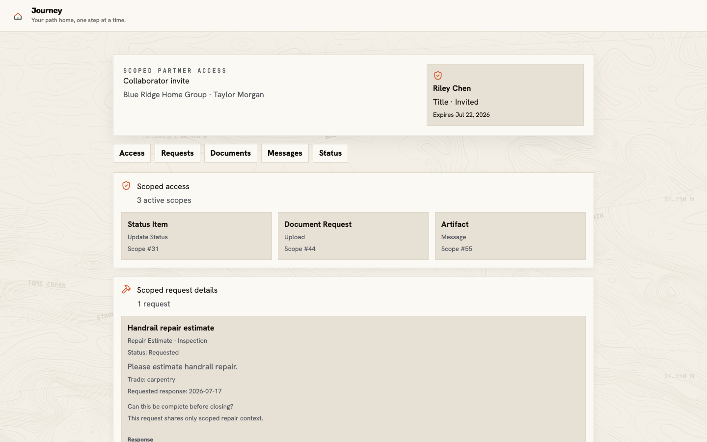Partner invitation showing the client, invited person, role, expiration, and limited access summary