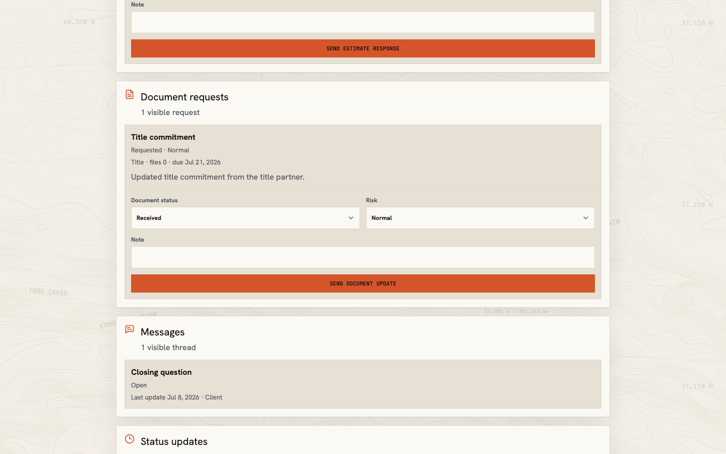 Partner document request showing the requested title file, current state, risk choice, and note field