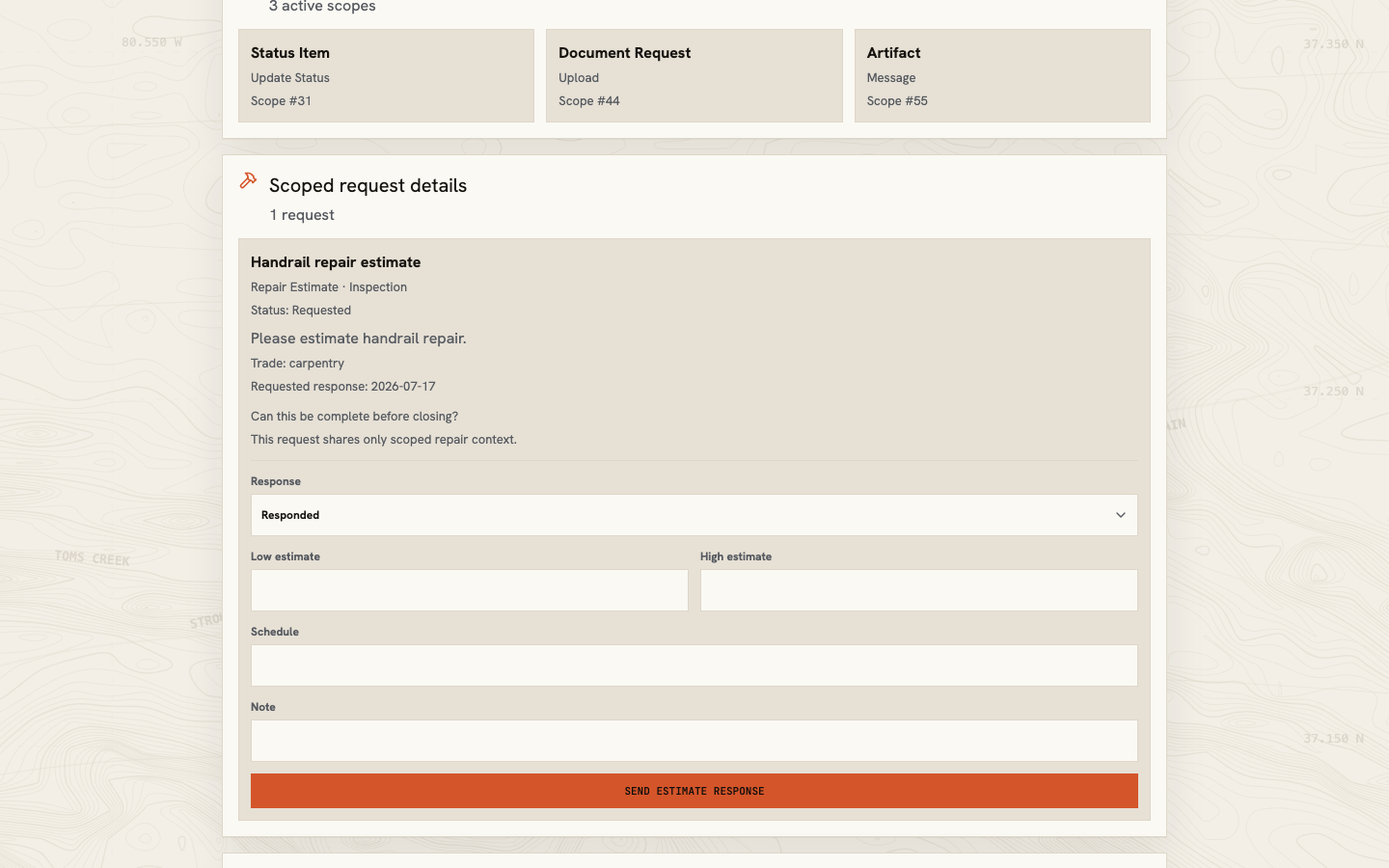 Partner repair request showing the requested work, question, response state, amount range, schedule, and note
