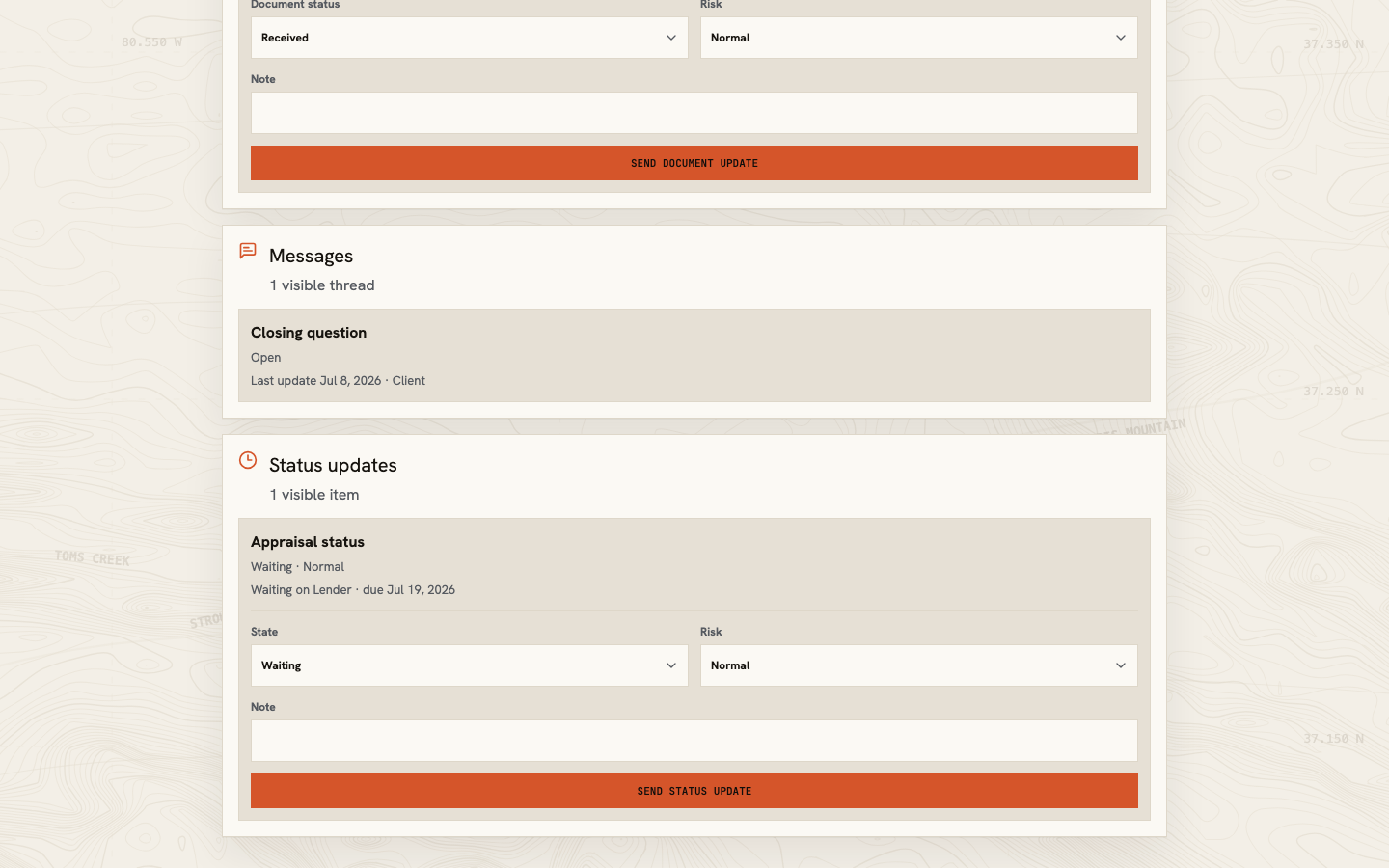 Partner status area showing a visible message thread and a status item with state, risk, and note controls