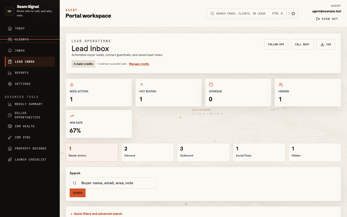 Seam Signal Lead Inbox showing lead operations, follow-ups, hot buyers, and search