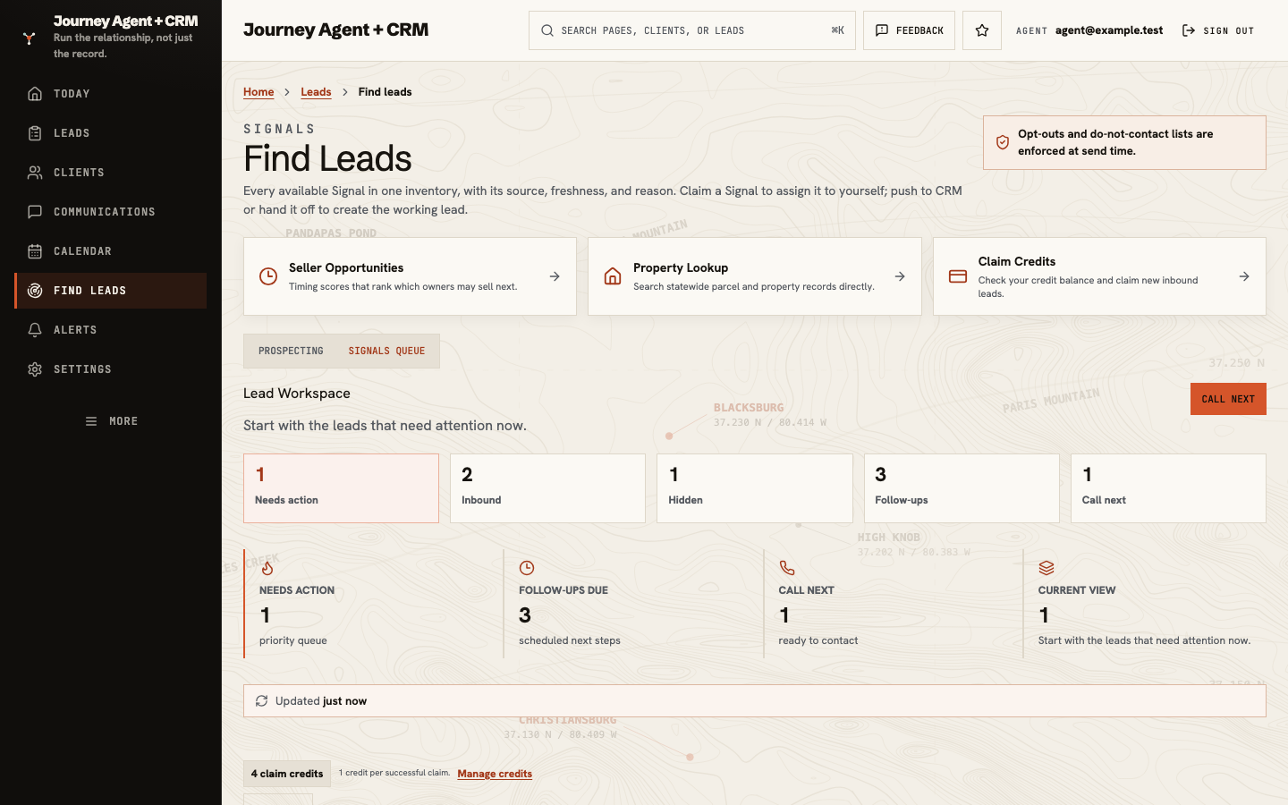 Actual Find Leads product screen with the Signals Queue tab active